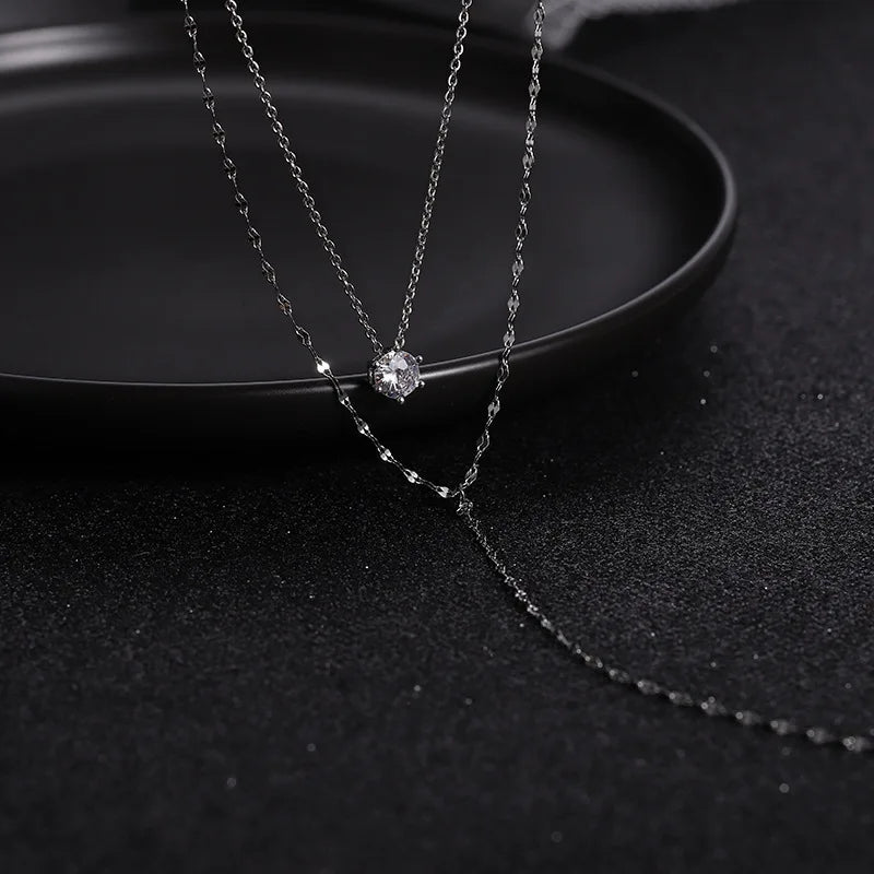 luckacco new 925 sterling silver trendy double layer choker long necklace full zircon round pendants women gift wedding jewelry