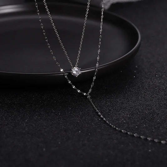 Luckacco New 925 Sterling Silver Trendy Double Layer Choker Long Necklace Full Zircon Round Pendants Women Gift Wedding Jewelry