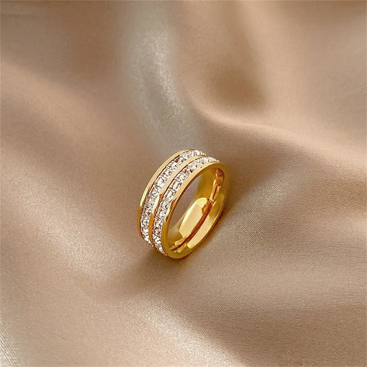 Luckacco Luxury Rose Gold Double Rowed Square Zircon Stainless Steel Ring Women's Romantic Engagement Wedding Party Jewelry Women Gift