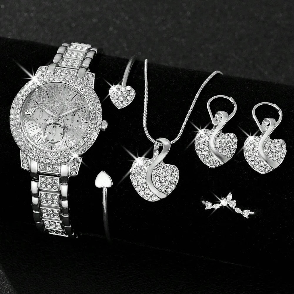 luckacco women's quartz watch gold luxury women ring necklace earring rhinestone fashion wristwatch casual ladies watches jewelry set ﻿