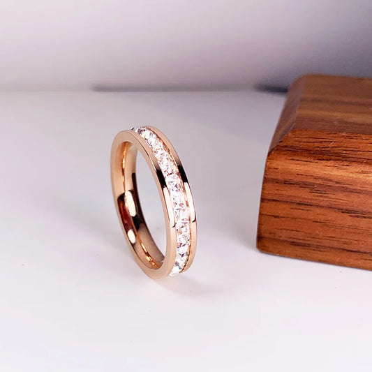 Luckacco Luxury Rose Gold Color Double Row Square Zircon Stainless Steel Ring For Women Romantic Engageme Wedding Party Jewelry Female