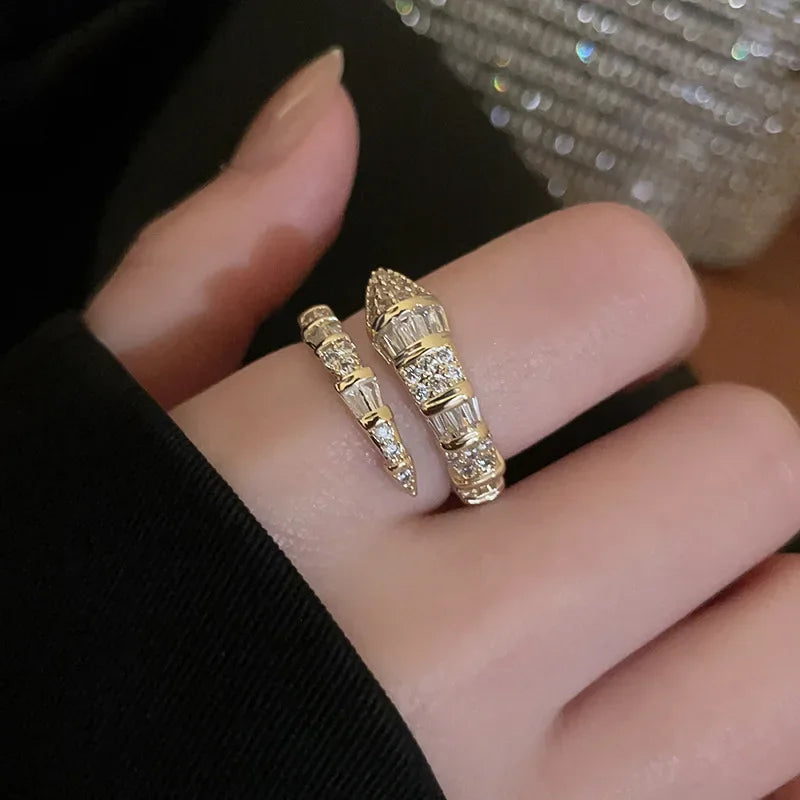 luckacco versatile fashion trendy snake shaped open rings for women high-end zircon stainless steel adjustable rings jewelry accessories