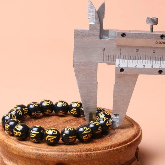 Luckacco Natural Obsidian Beads Six Character Mantra Bracelet Lucky Wealth Bangle Buddhist Accessories Meditation Blessing Amulet Jewelry