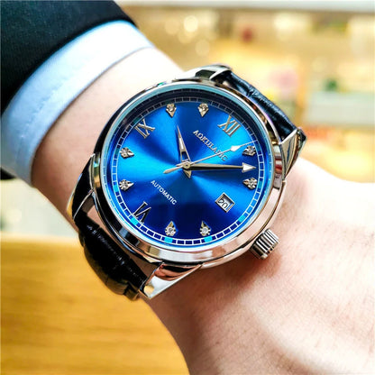 Luckacco New Stylish High-End Business Men's Watch, Fully Automatic Mechanical Watch, Skeleton Design, Round Dial, with Calendar Display, Leather Strap, Fashionable Accessory, Suitable for Business and Casual Wear, European, American, Japanese, and K