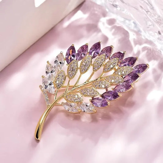 Luckacco Cute Romantic Colorful Leaf Brooches For Women Purple Crysal Plant Brooch Pin Female Party Birthday Dress Suit Badge Jewelry