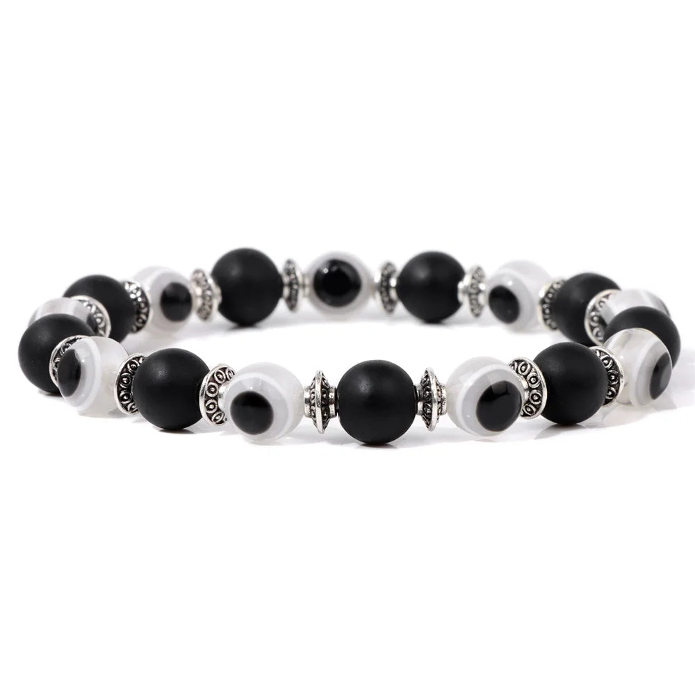 luckacco lucky evil eye beads bracelet natural stone lava hematite bracelet set multilayer bracelets women men handmade elastic jewelry