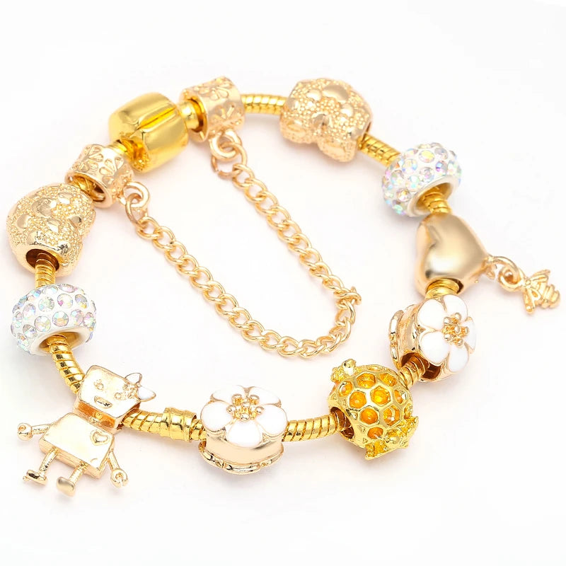 luckacco togory 2024 authentic gold color bees dangles charm bracelet white crystal beads fine bracelet for women kids birthday gifts