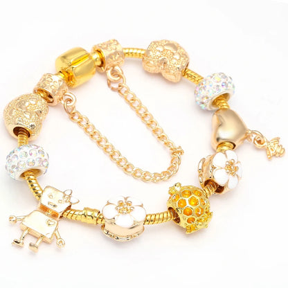 Luckacco TOGORY 2024 Authentic Gold Color Bees Dangles Charm Bracelet White Crystal Beads Fine Bracelet For Women Kids Birthday Gifts