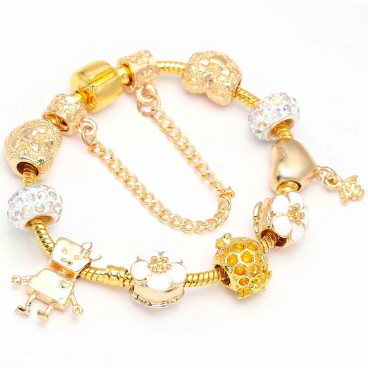 Luckacco TOGORY 2024 Authentic Gold Color Bees Dangles Charm Bracelet White Crystal Beads Fine Bracelet For Women Kids Birthday Gifts