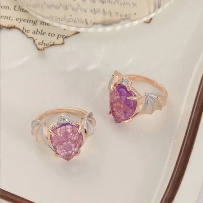Luckacco New Trendy Gothic Vintage Bat Finger Rings Inlaid Pruple Water Drop Shape Zircon Rings for Women Fashion Party Jewelry