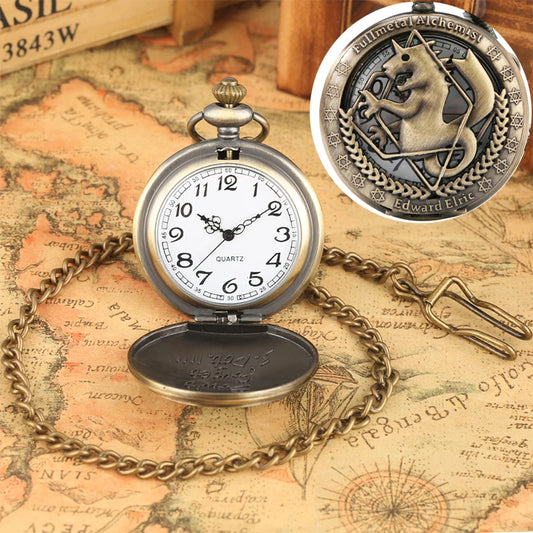 Luckacco Antique Fullmetal Alchemist Quartz Anime Pocket Watch Cosplay Edward Elric Clock Design Pendant Necklace Chain Vintage Chain