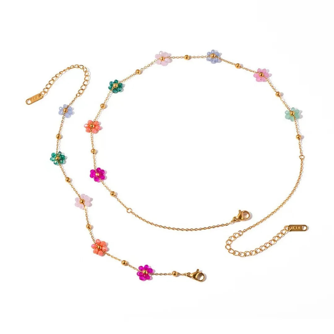 luckacco colorful flower chain stainless steel necklace bracelet set plating waterproof jewelry for ins exquisite jewelry