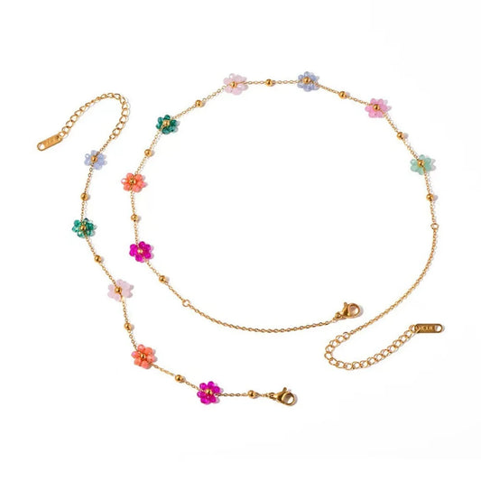 Luckacco Colorful Flower Chain Stainless Steel Necklace Bracelet Set Plating Waterproof Jewelry For Ins Exquisite Jewelry