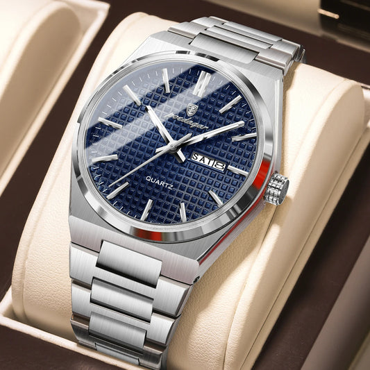 Luckacco POEDAGAR Luxury Men Watch Date Week Waterproof Luminous Stainless Steel Watch For Man Casual Quartz Men's Watches Male Sport+Box