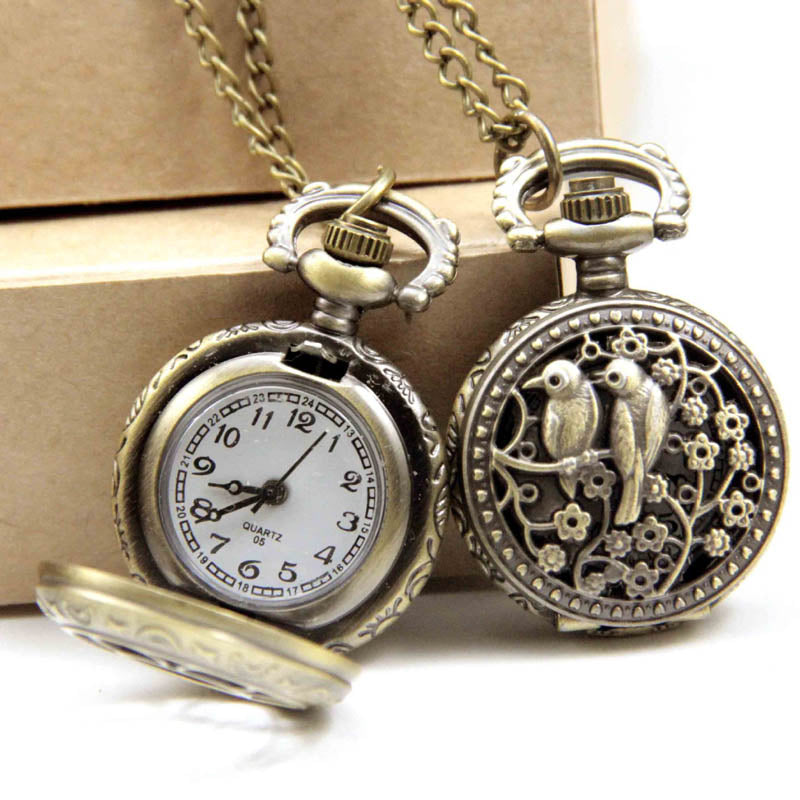 Vintage Pocket Small Watch Steampunk Quartz Watch With Chain Hollow Heart Cover Necklace Bronze Color Alloy Fob Clock Men Gift - luckacco