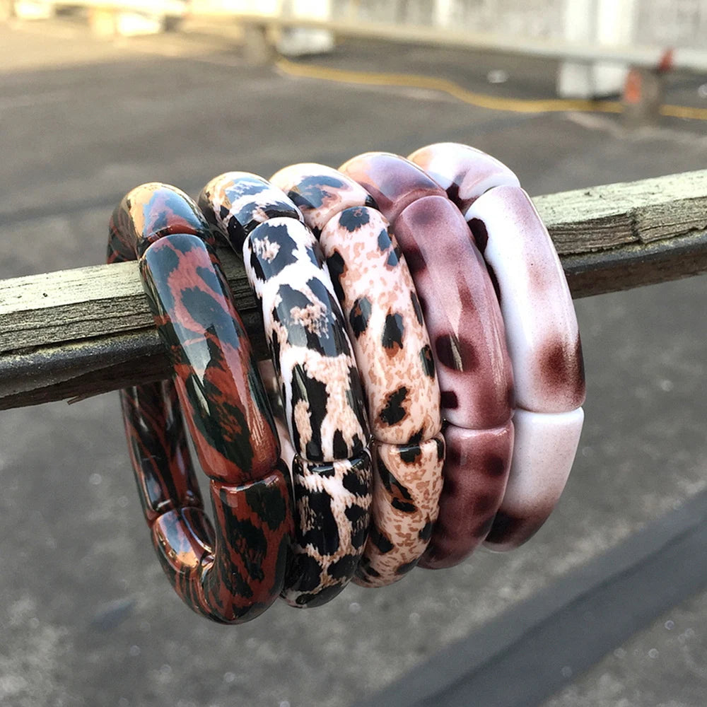 luckacco fishsheep vintage leopard print acrylic stackable bracelets bangles for women resin stretchy bracelet 2023 fashion jewelry gift