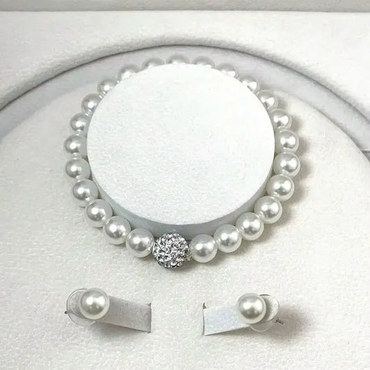 Luckacco 3 PCS set Imitation Pearl Fireball Necklace Bracelet Earring Stud Jewelry Set Silver Color Crystal Stone Elegant Bridal Jewelry