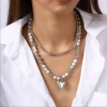 Luckacco Exaggerated Imitation Pearl Beads Necklace for Women CCB Big Heart Pendant Choker Necklace Jewelry Gift