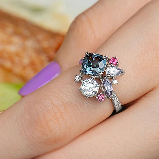 Luckacco Geometric Colored Cubic Zirconia Rings for Women Luxury Bridal Wedding Band Accessories Fashion Design Statement Jewelry