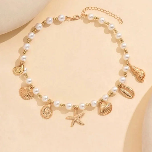 Luckacco Bohemia Conch Starfish Imitation Pearl Necklace for Women Luxury Exquisite Beaded Shell Pendant Necklace Beach Holiday Jewelry