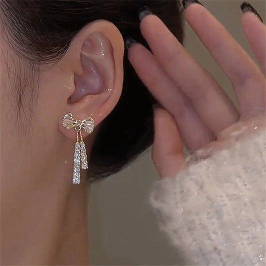 Luckacco Fashion Zircon Bow Earrings Acrylic Crystal Tassel Earrings For Women Fashion Party Jewelry Trendy Accessories Gifts