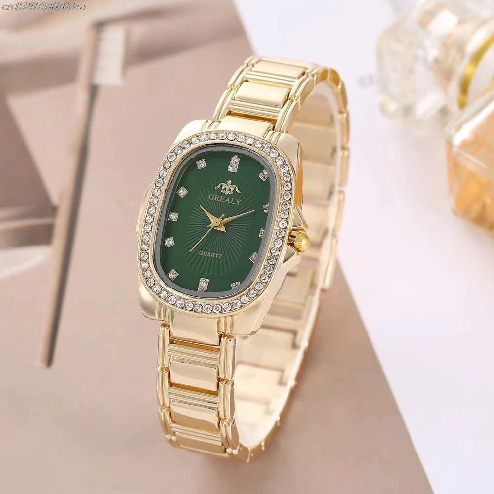 luckacco luxury 2025 women's simple quartz watch casual green diamond set design female dress stainless steel bracelet clock watches