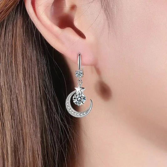 Luckacco Female Fashion Star Moon Earrings 925 Sterling Silver White Sapphire Pink Blue White Artificial Dangle Earrings