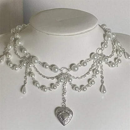 Luckacco Pearl Heart Locket Style Layered Necklace Handmade Y2K Necklace Perfect For Weddings Prom or Victorian/Regency Cosplay Jewelry