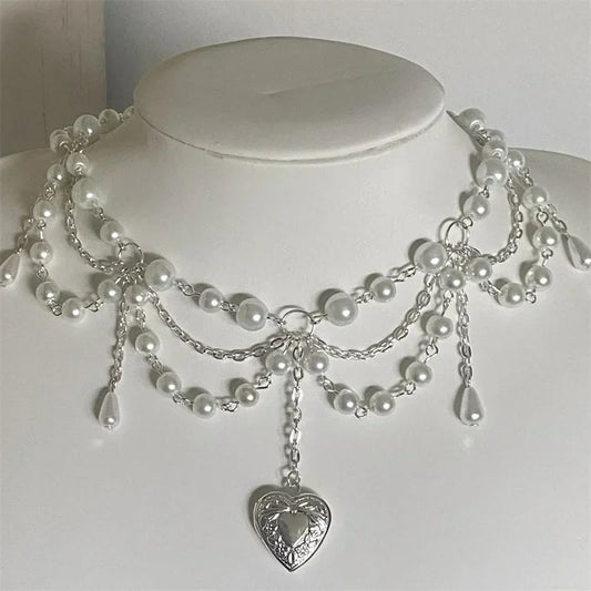 Luckacco Pearl Heart Locket Style Layered Necklace Handmade Y2K Necklace Perfect For Weddings Prom or Victorian/Regency Cosplay Jewelry