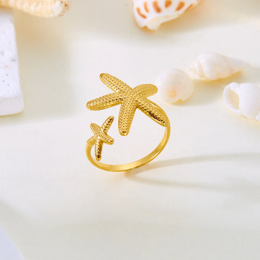Luckacco Trendy Gold Color Stainless Steel Ring for Women Bohemian Shell Starfish Conch Flower Butterfly Heart Ring Party Jewelry Gift