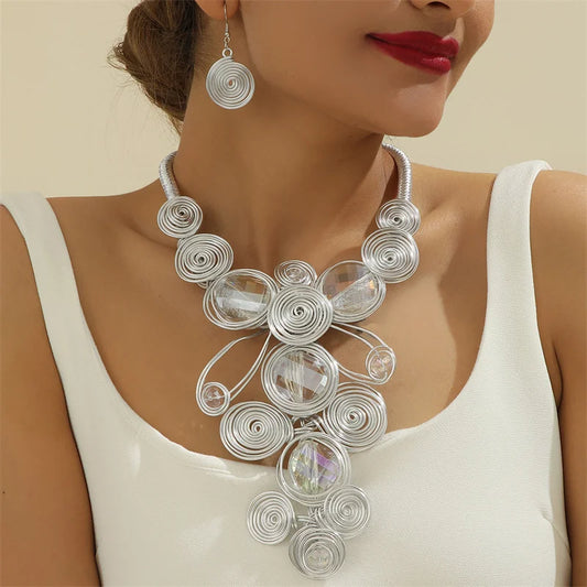Luckacco New Exaggerate Aluminium Flower Colorful Jewelry Set for Women African Bridal Necklace Earrings Set Party Jewellery Gifts