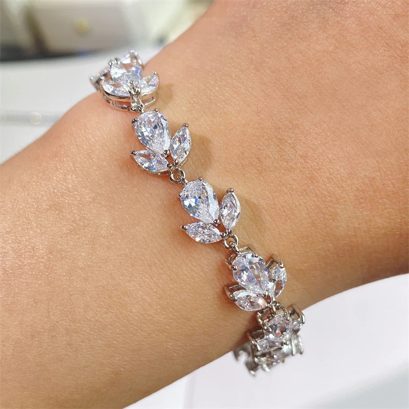 luckacco picks luxury aaa cubic zirconia wedding bracelets for women high quality white gold color leaf charm bracelet bangles