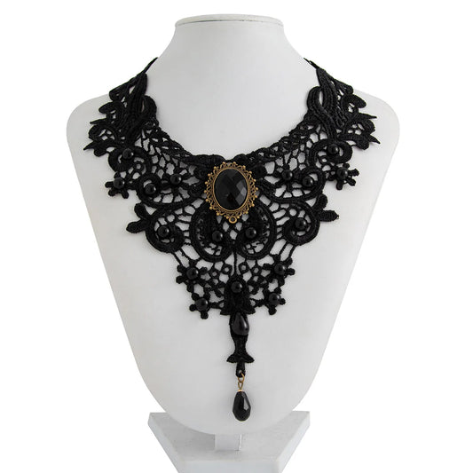 Luckacco Fashion New Vintage Gem Black Lace Bead Necklace Gothic Steampunk Style Stonego Gothic Collar Necklace Pendant