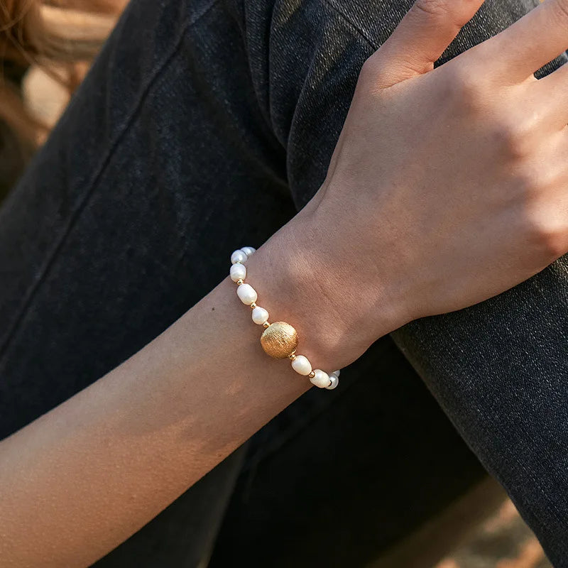 luckacco fashion freshwater pearl gold plated beaded bracelet for women natural pearls with link chain bracelet bangles charm jewelry