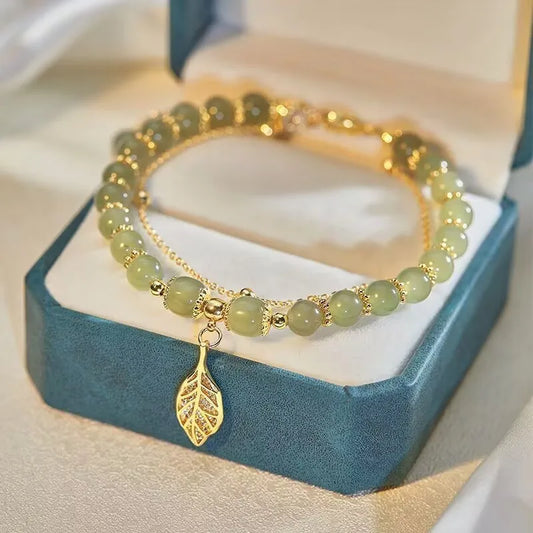 Luckacco LATS Green Glass Imitation Opal Bracelet for Women Exquisite Gold Color Leaves Wrist Strap Bangle Chain Bracelets Girls Gifts