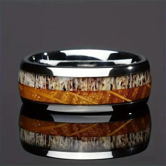 Luckacco Fashion 8mm Men Stainless Steel Rings Silver Color Brushed Deer Antler And Koa Wood Rings for Men Wedding Band Jewelry