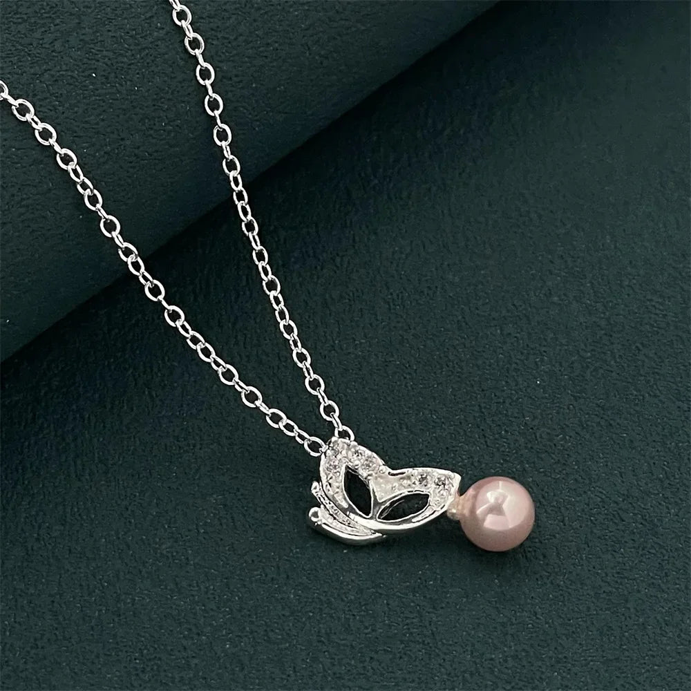 luckacco exquisite 925 silver jewelry, butterfly pearl pendant with diamonds and a thin chain, elegant style