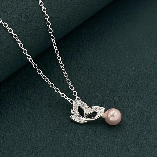 Luckacco Exquisite 925 silver jewelry, butterfly pearl pendant with diamonds and a thin chain, elegant style