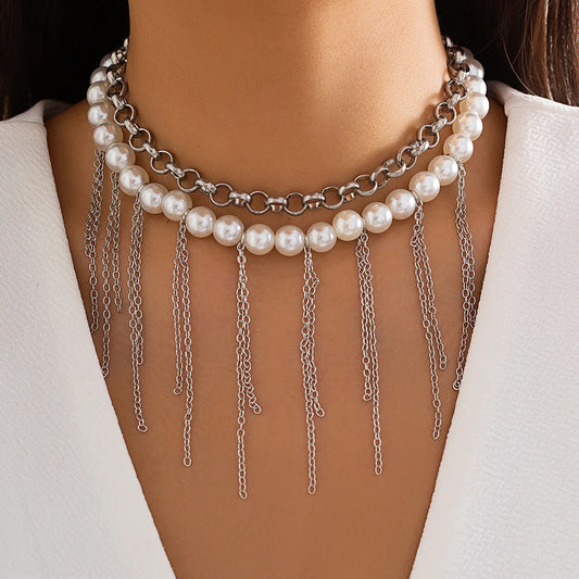 Luckacco Vintage Tassel Pendant Clavicle Necklace Women 2023 Multi layered Simple and Sweet Imitation Pearl Beaded Girl Fashion Jewelry