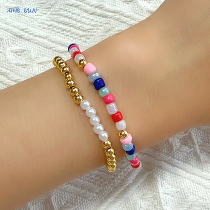 Luckacco MHS.SUN New Bohemian Gold Plated Metal Beaded Bracelets Colorful Rice Beads Bracelet Birthday Party Jewelry For Women Men