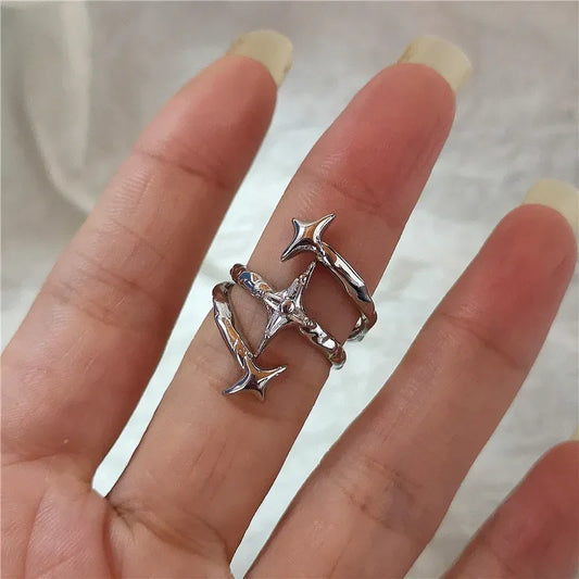 Luckacco Kpop Goth Punk Vintage Aesthetic Geometric Irregular Star Silver Color Ring For Women Egirl Grunge Y2K EMO Jewelry Accessories
