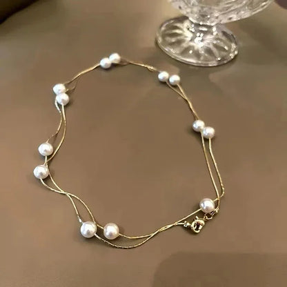 Luckacco French Elegant Micro Set Zircon Round Buckle Imitation Pearl Beaded Necklace For Women's Temperament Jewelry Sweet Accessories