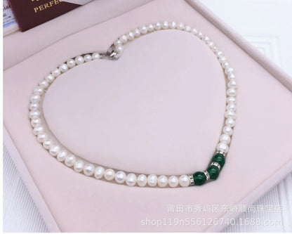 Luckacco 8-9mm Near Round White Natural Freshwater Pearl Necklace Red/Green Waterdrop Chalcedony Bracelet Earrings for Mother Jewelry Set