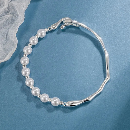 Luckacco 925 Sterling Silver Pearl Beads Bracelet for Women Girls Vintage Irregular Metal Charm Bangles Luxury Fashion Party Jewelry Gift