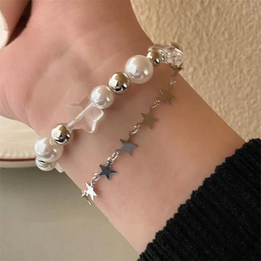 Luckacco Star Pentagram Pearl Beaded Bracelet for Women Harajuku Crystal Vintage Aesthetic Charm Double Layer Chain Bracelet Jewelry Gift