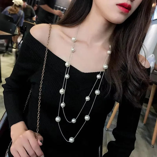 Luckacco Classic Simple Long Pearl Spiral Adjustable Pendant Necklace for Women Charm Zircon Sweater Chain Exquisite Jewelry Accessories