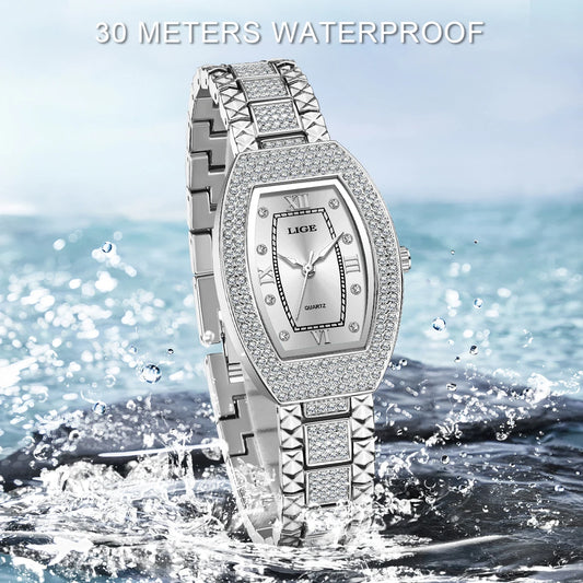 Luckacco LIGE New Original Design Luxury Diamond Watch For Women Elegant Watches Fashion Out Sport Stainless steel Waterproof Mille Clock
