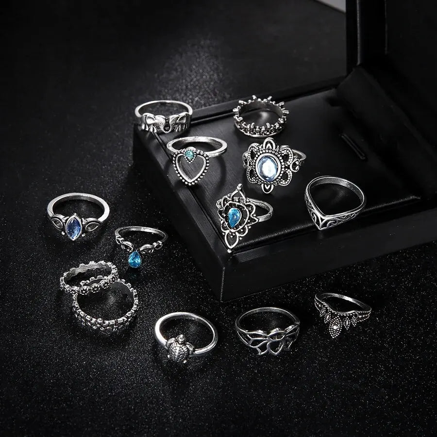 luckacco 13pcs/set vintage carved hollow flower crown love rings for women trendy 2024 retro exquisite fringer rings party jewelry gift