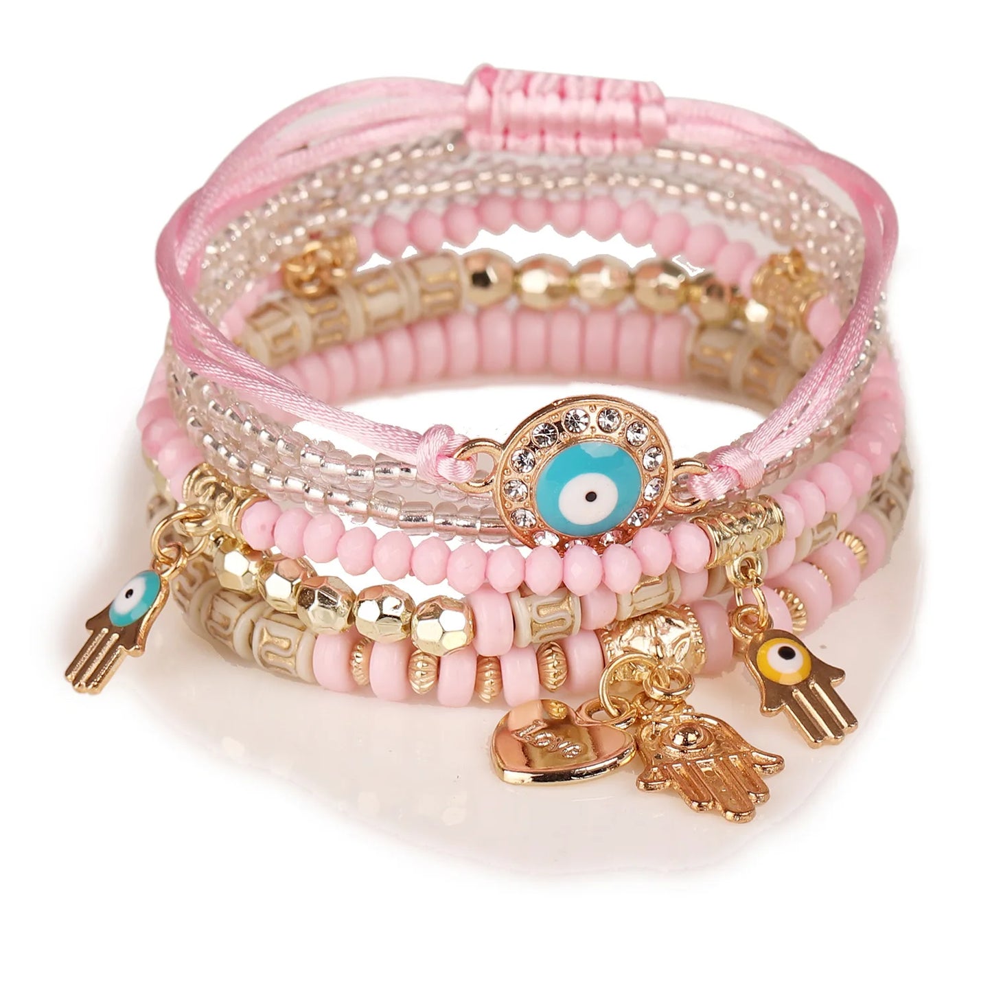 luckacco 6pcs/set bohemian evil eye bracelet set for women fatima hand heart charm beaded rope chain bangle female jewelry gift