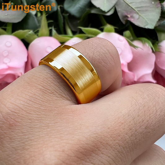 Luckacco iTungsten 10mm 12mm Big Finger Ring Mens Tungsten Flat Engagement Wedding Band With Center Brushed Polished Finish Comfort Fit